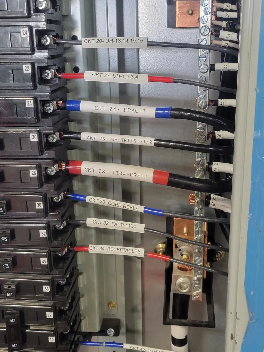 A commercial panel with every feeder labelled by circuit: unit heaters, fire alarm panel, cord reels, receptacles