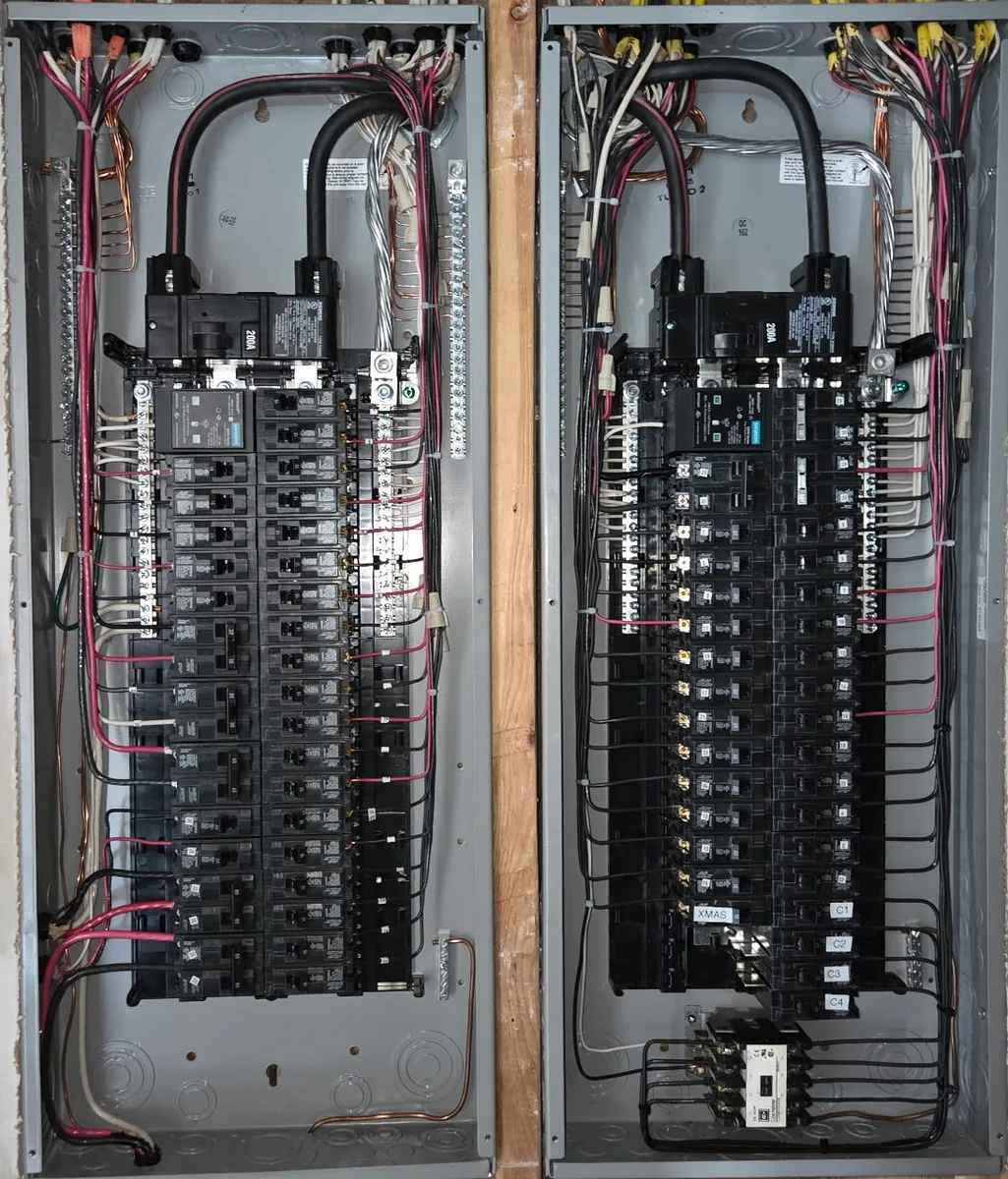 Two 200 amp panels installed side by side with every circuit labelled