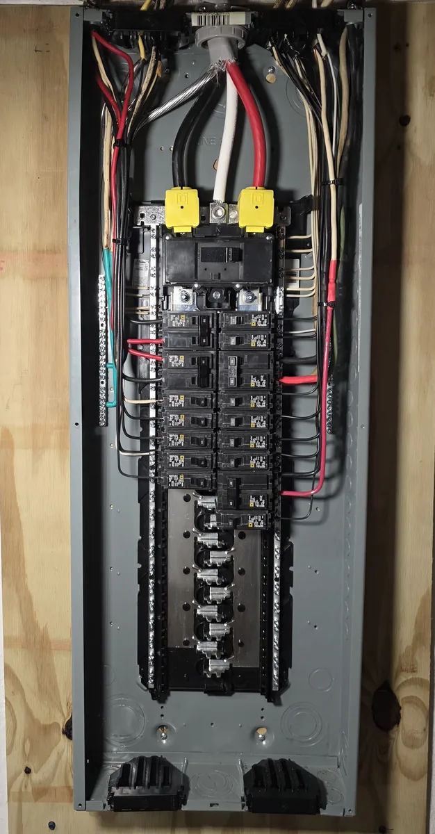 A new panel with the service entrance conductors landed and spare spaces left
